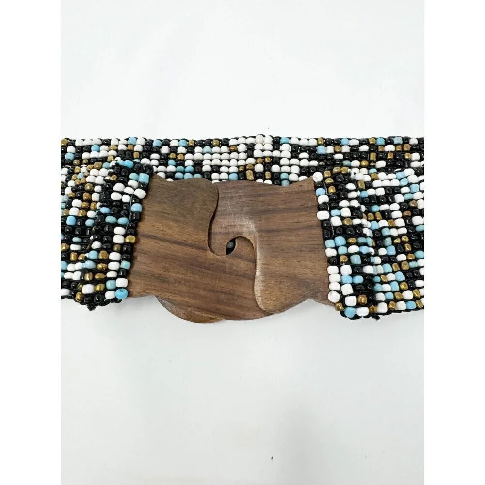 Novica Collection Indonesia Blue White Black Bronze Beaded Wooden Stretch Belt